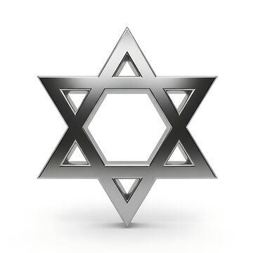 A three-dimensional metallic silver Star of David with beveled edges and soft shadows isolated on a white background.