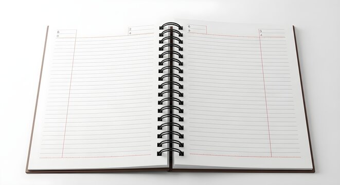 Open spiral notebook with lined pages isolated on white background