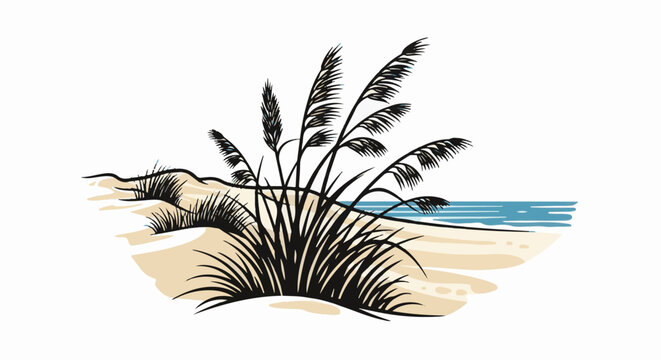 Stylized beach scene with tall grass, dunes, and blue ocean waves