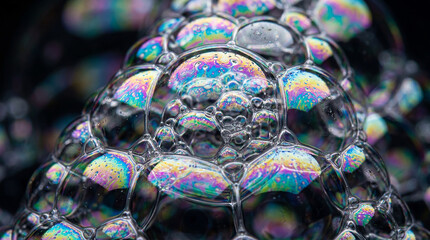 Fototapeta premium Kaleidoscopic beauty in a cluster of delicate soap bubbles revealing vibrant spectral reflections