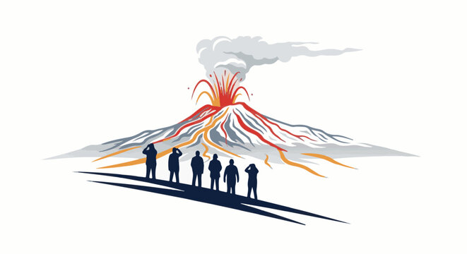 Silhouettes of people observe a vibrant erupting volcano with smoke and lava flows