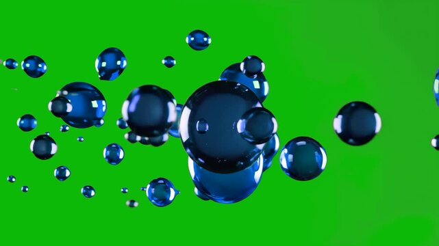 Glossy blue fluid spheres float and merge against a solid green background. This chroma key asset is ideal for science-themed overlays, cosmetic advertisements, or abstract motion design.