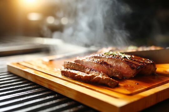 Grilled beef steak with charred marks and medium-rare interior steaming on a wooden board