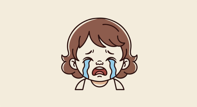 Simple cartoon illustration of a child crying with brown hair and tears streaming down their face