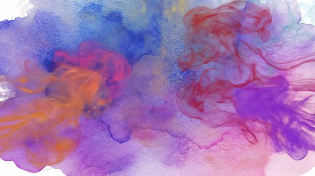 An abstract image featuring blending watercolors, a harmonious dance of colors. Primarily purple, blue, and pink hues blend, creating wisps