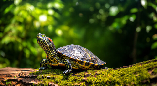 Colorful painted turtle basking on a mossy log in a lush green forest environment