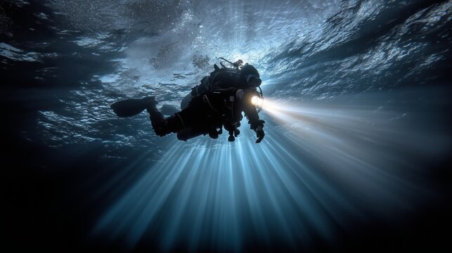 Scuba diver exploring dark ocean depths with flashlight
