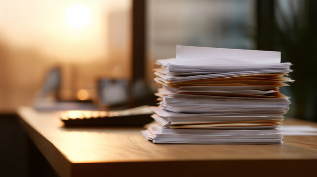 Stack of paper documents on office desk in warm evening light, paperwork overload and administrative workload concept, business files, bureaucracy, document management, tax, audit