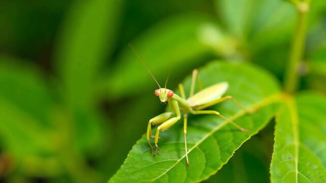 Praying mantis with alert mood sitting on green leaf in macro shot representing insectlife against blurred natural background