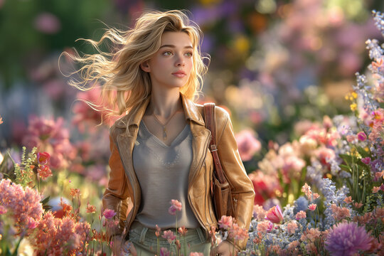 The beautiful woman is in a garden of blooming flowers.
