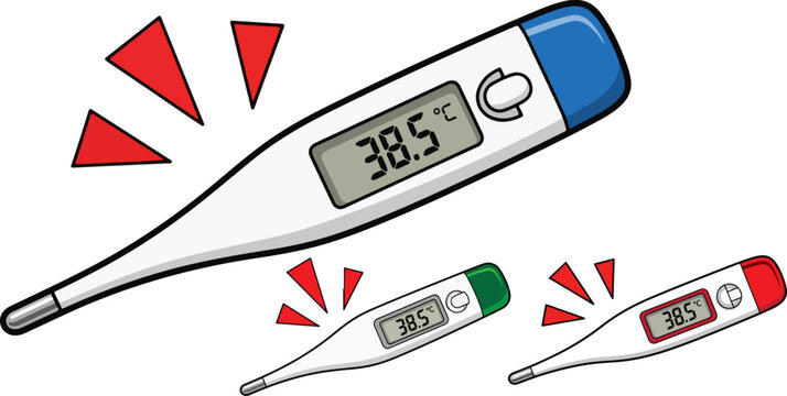 Digital medical thermometer vector set, electronic body temperature device showing high fever 38.5 degrees, clinical healthcare equipment illustration