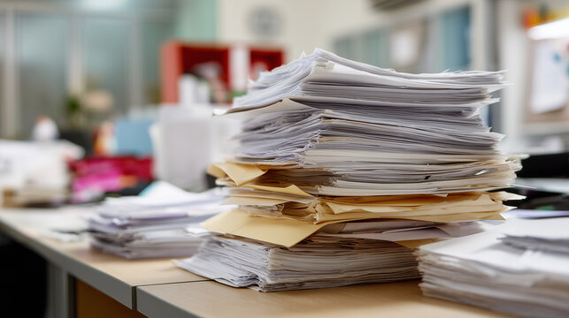Chaotic stacks of office paperwork covering desk in busy workplace, document overload and administrative pressure concept, business bureaucracy, filing backlog, records management