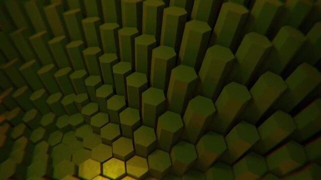 4K Abstract Hexagonal Prisms Undulating Wave Motion Background Yellow Green Organic Geometric Pattern Animation Loopable Tech