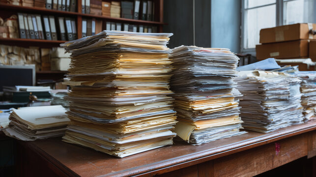 Old archive office buried under towering stacks of paper files, document storage overload and bureaucracy concept, administrative chaos, records backlog, filing pressure and vintag