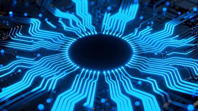 Circuit board with glowing blue lines