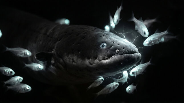 A conceptual, high-contrast portrait of an Electric Eel in a pitch-black environment. The shot captures the moment of a high-voltage discharge, with the eel&rsquo;s body subtly illuminated 