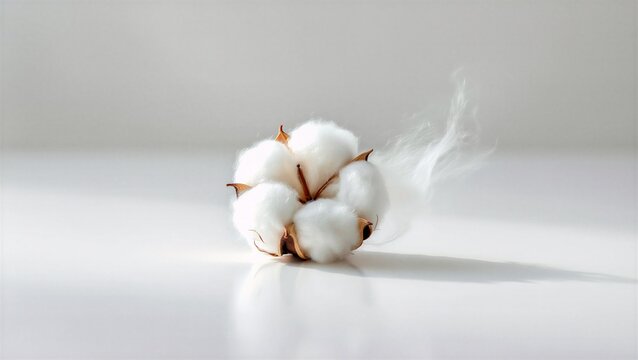 A fluffy cotton boll on a white surface, soft and natural, expressed through minimalist design, used for eco-friendly and organic themes.