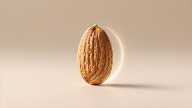 A single almond illuminated by a soft glow, symbolizing purity and natural beauty, used for wellness and health branding.