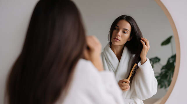 Woman combing smooth brunette hair in bathrobe near mirror, daily haircare and self care routine, clean beauty lifestyle, healthy straight strands, calm morning grooming in minimal