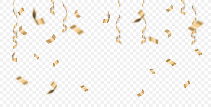 Banner with golden confetti and ribbons. Golden tinsel, confetti on a transparent background. Design elements for festive backgrounds and banners. Vector EPS 10.