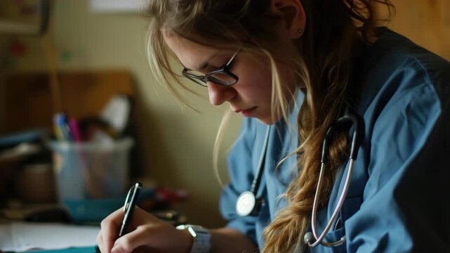 A female nurse with glasses and a hospital uniform concentrating on writing in her logbook.