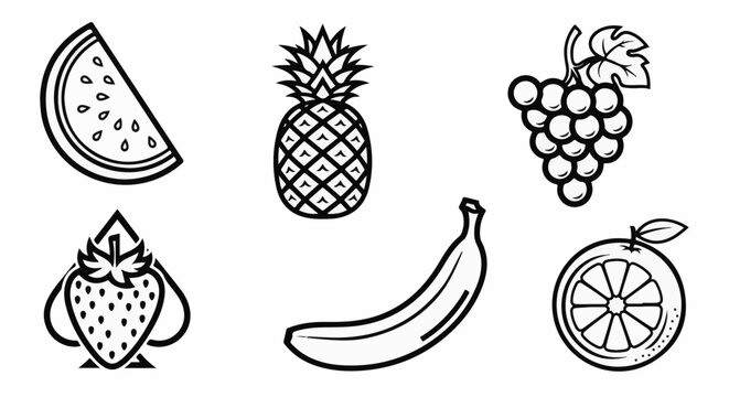 A collection of fruit outlines watermelon, strawberry, pineapple, banana, grapes, orange