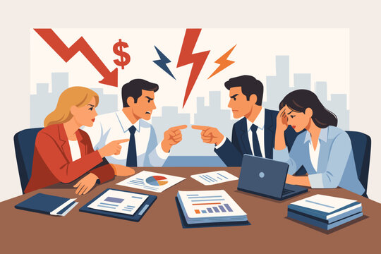 Business Professionals in Tense Meeting During Financial Crisis with Angry Colleagues Arguing and Pointing Fingers Over Declining Profits and Economic Downturn in a Corporate Office Environment
