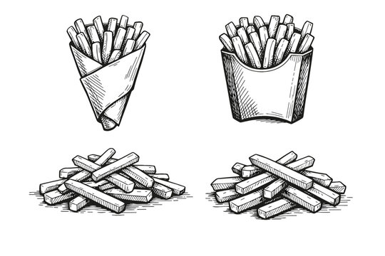Set of four hand-drawn French fries illustrations in a black and white sketch style, featuring potatoes in a paper cone, a cardboard box, and two piles of crispy fried chips on a white background.