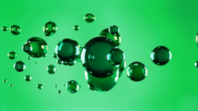 A macro 3D graphic simulation of transparent emerald green liquid spheres and oil droplets floating and rising smoothly against a soft green background. Excellent backdrop for organic skincare ads, re