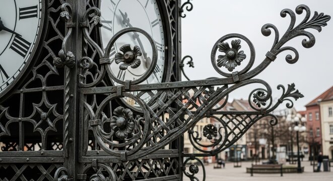 Intricate wrought iron detailing on a historic public clock tower
