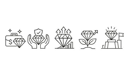 Set of Minimalist Business Value Outline Icons Representing Quality, Trust, Growth, Achievement, and Investment Success with Diamond Symbols for Corporate Strategy, Professional Ethics, and Growth.