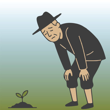 minimal flat vector illustration of farmer hugging a plant, emotional simple pose, no facial detail