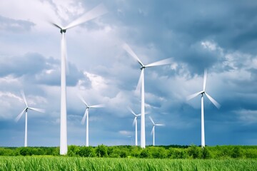 Fototapeta premium Wind Turbines Spin in a Field Under a Cloudy Sky in a Rural Area