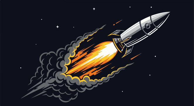 A silver rocket ship blasts through dark space with fiery exhaust