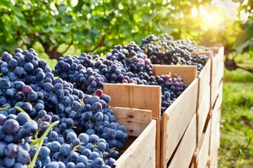 Naklejka premium Grapes Collected in Wooden Crates During Harvest Time in a Vineyard Under Sunlight