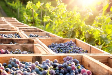 Naklejka premium Grapes Being Harvested in Wooden Crates During Sunset in a Vineyard