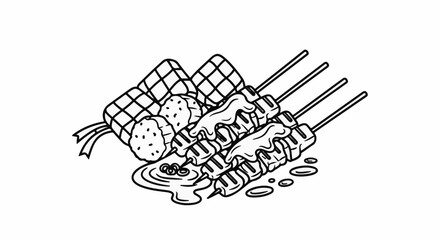 Obraz premium Black and white illustration of grilled meat skewers with rice cakes