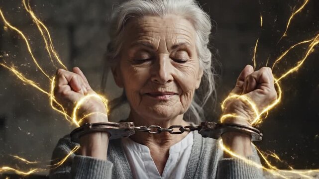 Senior woman with closed eyes wearing metal handcuffs surrounded by glowing energy fields representing resilience and inner strength in confinement