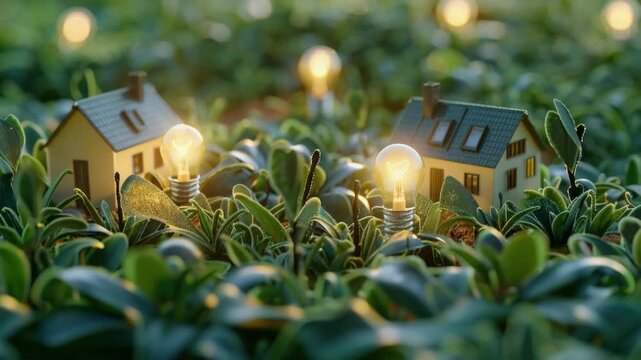 A tiny village of houses and light bulbs on top of plants.