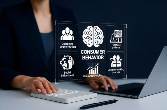 Consumer Behavior Dashboard with Customer Data and Market Analytics Icons, marketing, consumer, behavior, analytics, data