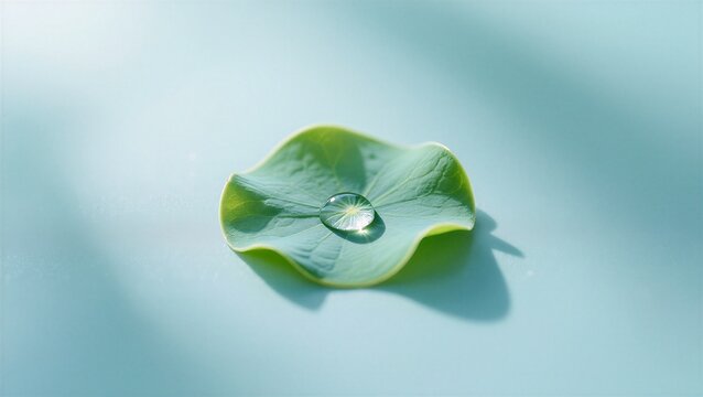 A single green lotus leaf with a glistening water droplet, bathed in soft light, expressing tranquility and purity.