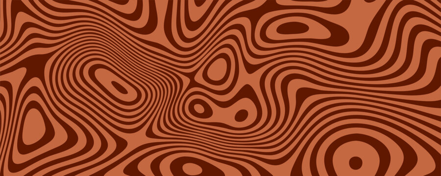 Retro coffee color background. Milk chocolate liquid dessert texture. Wavy swirl candy pattern for poster, cover, banner, pamphlet. Vintage brown trippy hippie wallpaper in 60s or 70s style. Vector