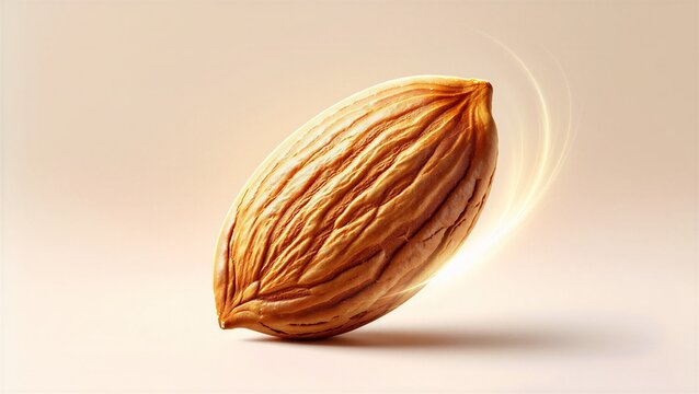 A golden almond with intricate texture, glowing softly against a warm background, expressing natural purity and health.