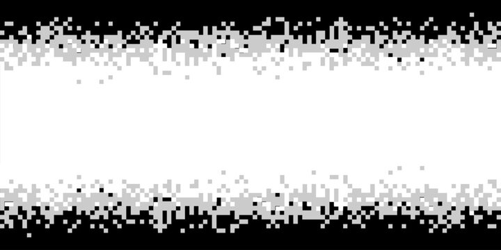 Pixelated bitmap gradient texture. Black and white dither pattern background. Abstract glitchy pattern. 8 bit video game screen wallpaper. Border Wide. Pixel art retro Illustration. Vector
