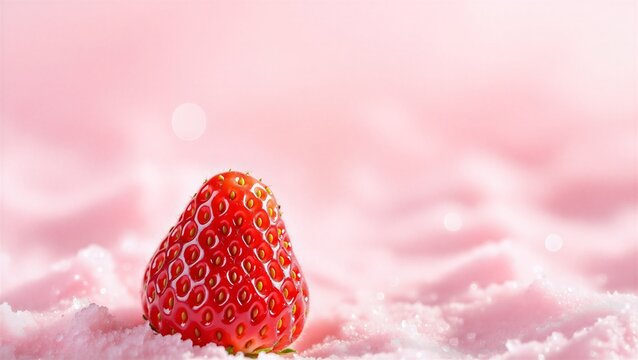 A vibrant strawberry nestled in pink snow, evoking a dreamy and sweet atmosphere, perfect for food or dessert-themed designs.