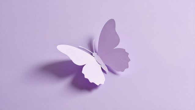 A delicate paper butterfly with soft purple wings, casting a gentle shadow on a pastel background, evoking tranquility and creativity.