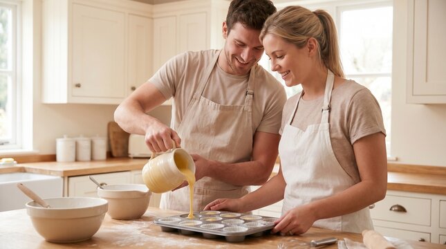 Couple Baking Together In A Bright Kitchen.