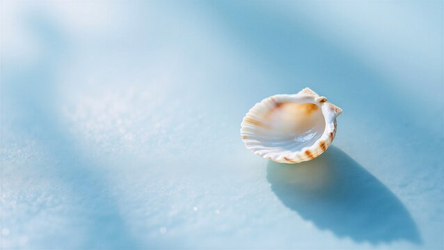 A delicate seashell rests on soft blue sand, evoking tranquility and coastal serenity, used for relaxation themes or beach lifestyle visuals.