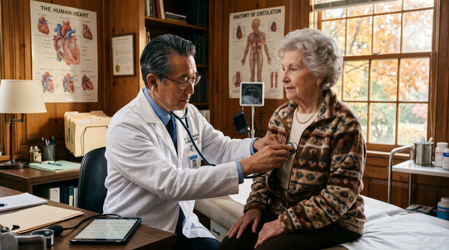 Doctor examining elderly woman in cozy medical office