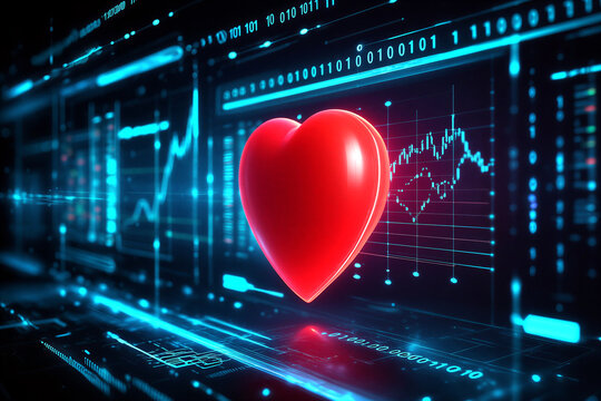 Futuristic glowing red heart with digital data and binary code background representing technology and healthcare innovation